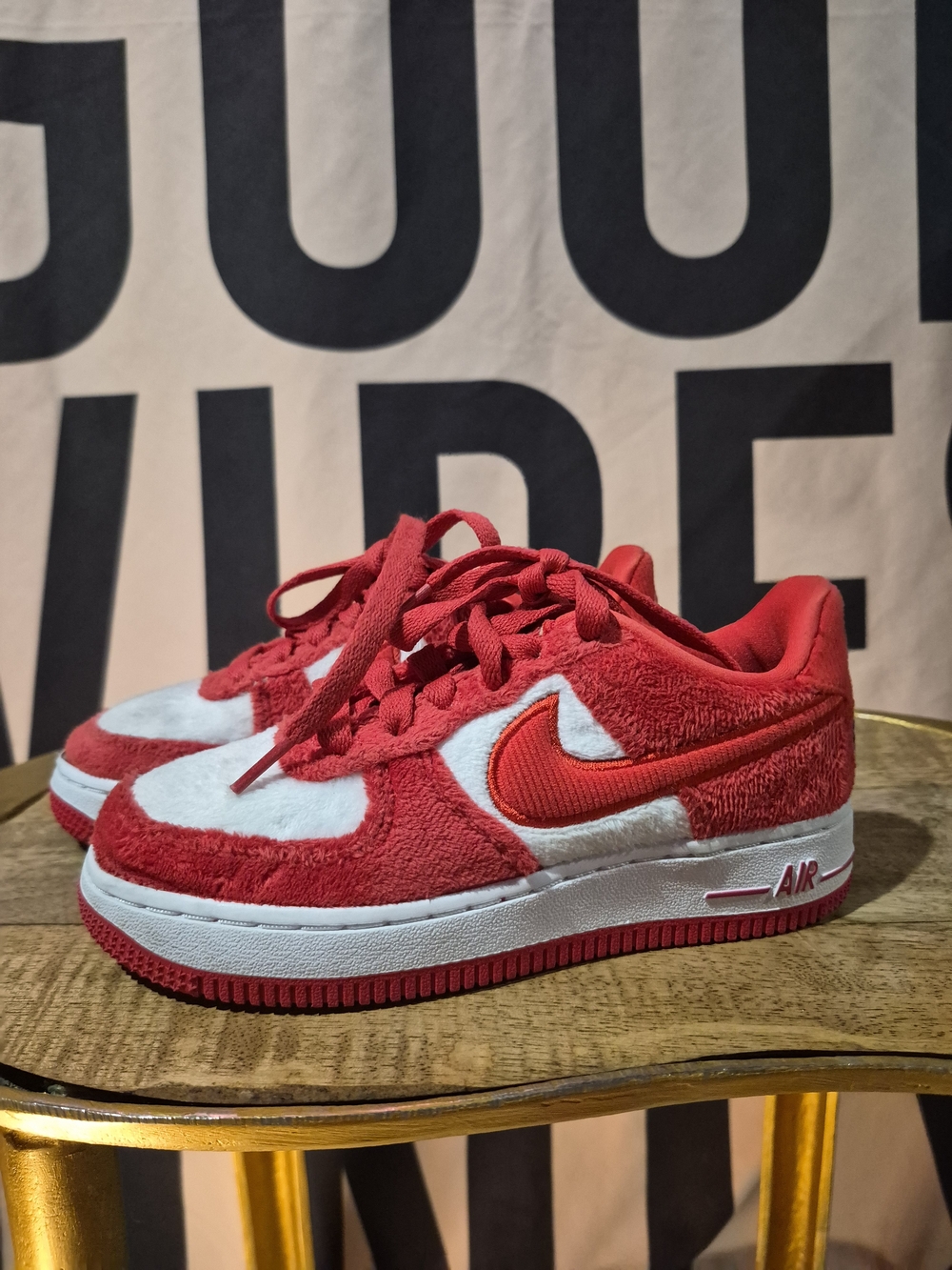 Nike Air Force 1 Red and White Fuzzy Sneakers 1Y